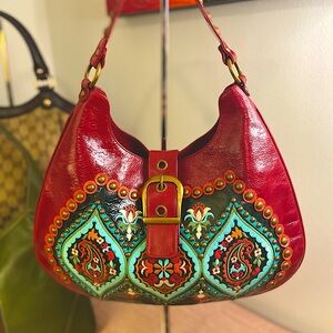 Red and Green Embroidered Hobo Bag